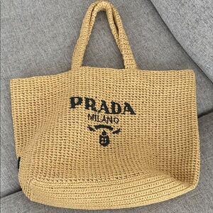 Prada Tan Woven Tote with Black Logo size L